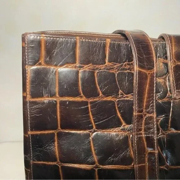 Vintage Neiman Marcus Dark Brown Crocodile-Embossed Leather Tote Bag - Picture 7 of 8